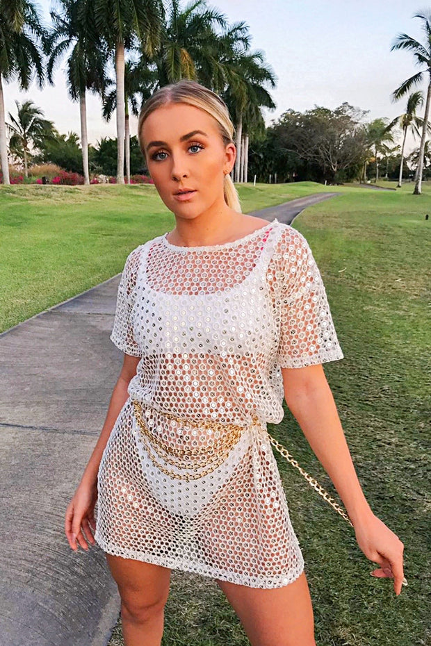 White Crochet & Mirror T-Shirt Dress